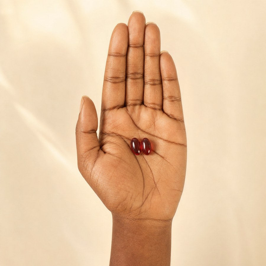 Two softgels in the palm of a hand
